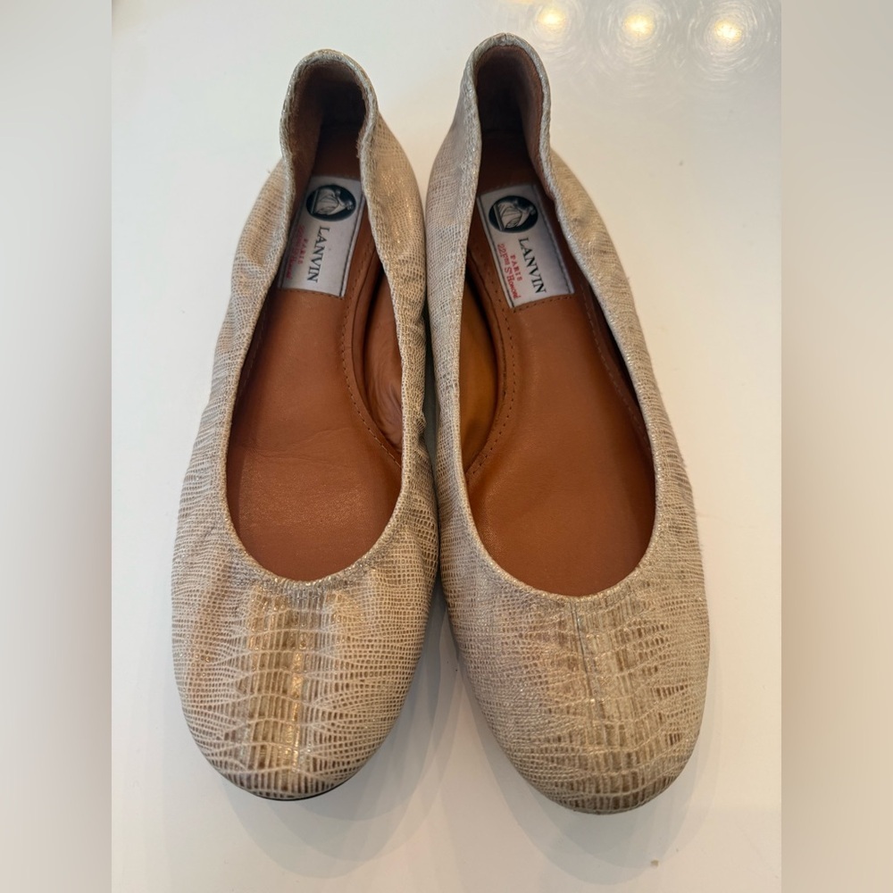Lanvin Ballerina Flat Beige Gold Cream Snake Skin Ballet Flat Womens 38 US 7